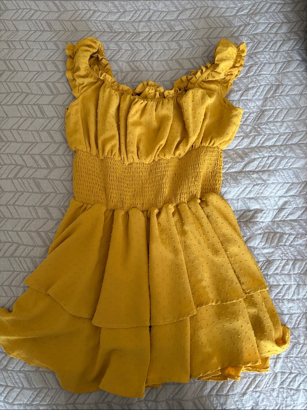 Off the shoulder Smocked Ruffle Mini Dress in Mustard Yellow